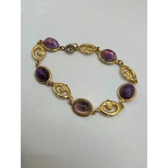 Vintage Inspired Amethyst Cabochon Gold Plated Link Bracelet Elegant & Timeless - Picture 1 of 6